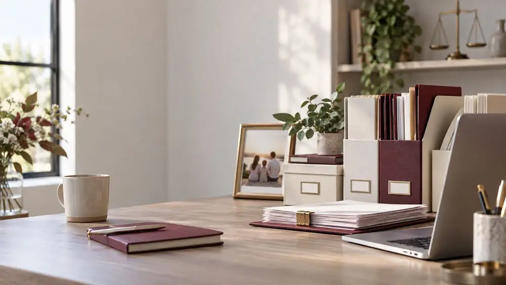 Neatly organised folders and papers on a desk beside a laptop