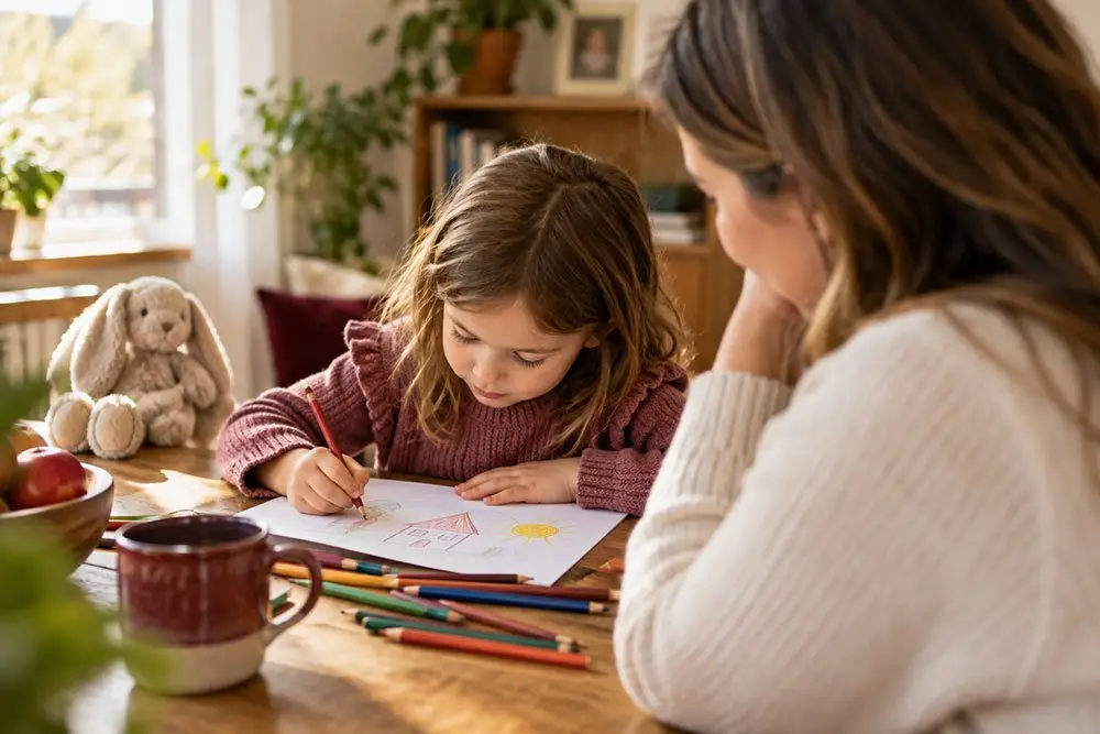 A child draws at a table while an adult watches beside them