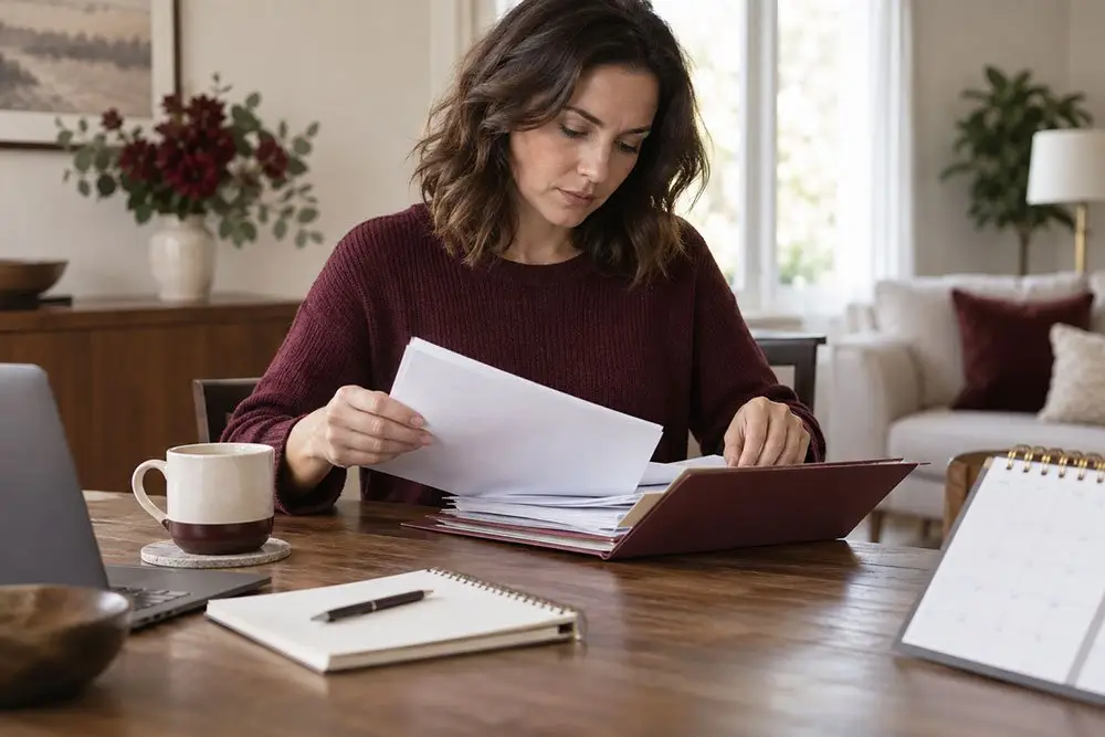 A woman sits at a table sorting papers into a folder