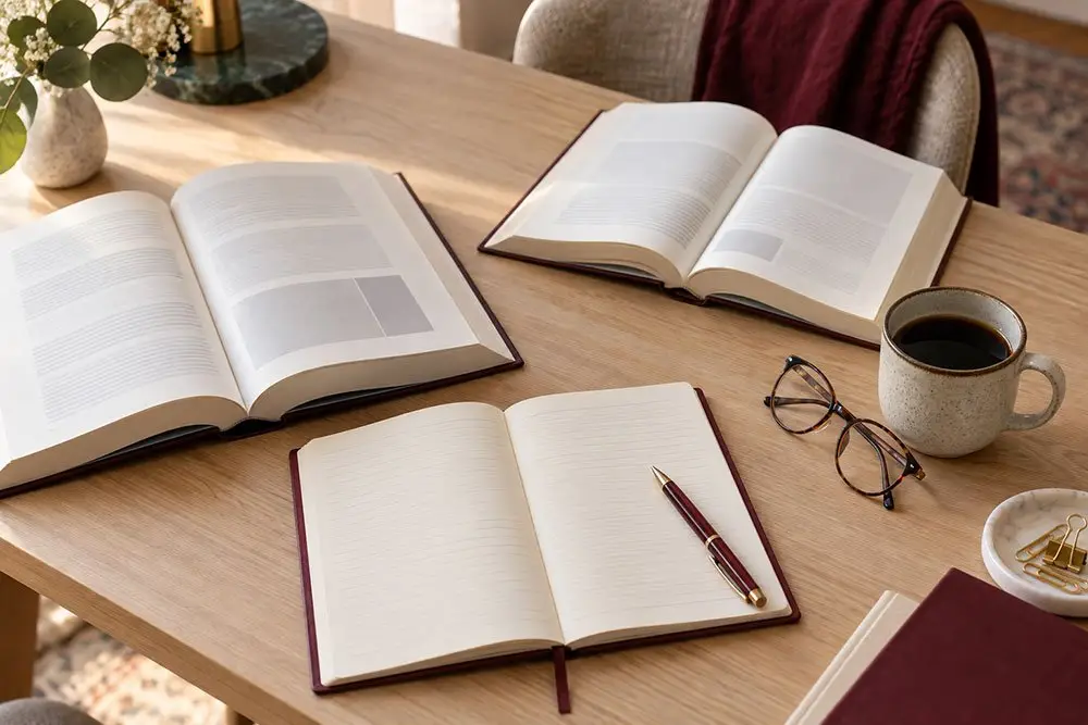 Two open books and a notebook with a pen on a wooden desk