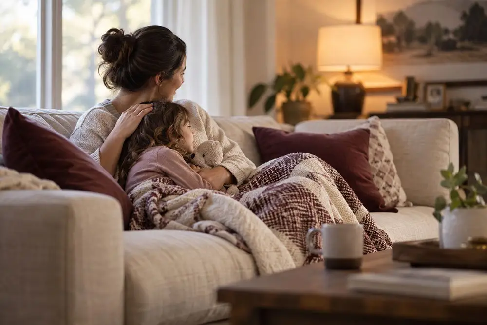 A mother sits with her young child on a sofa in a calm, softly lit living room
