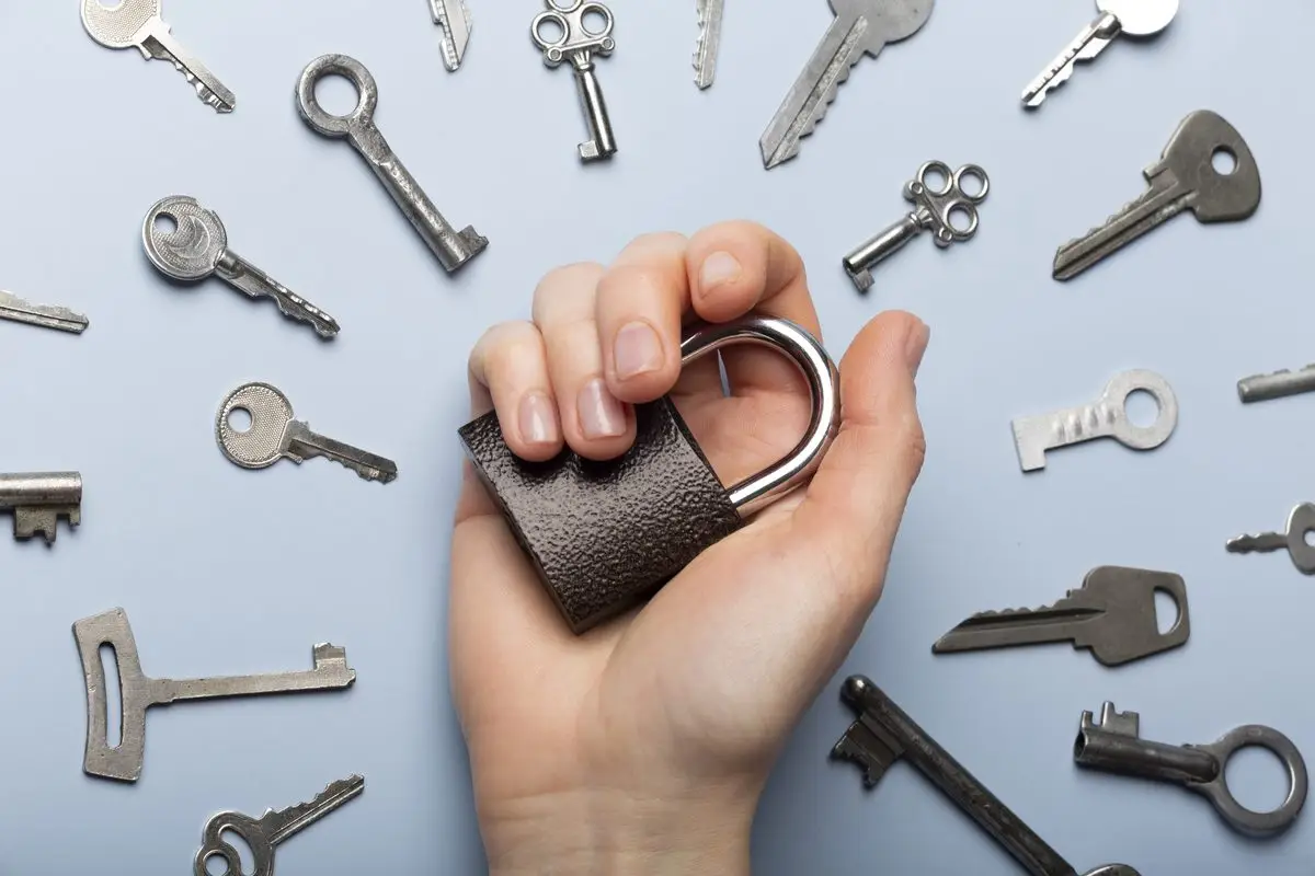 A hand holding a padlock among scattered keys, a symbol of protection