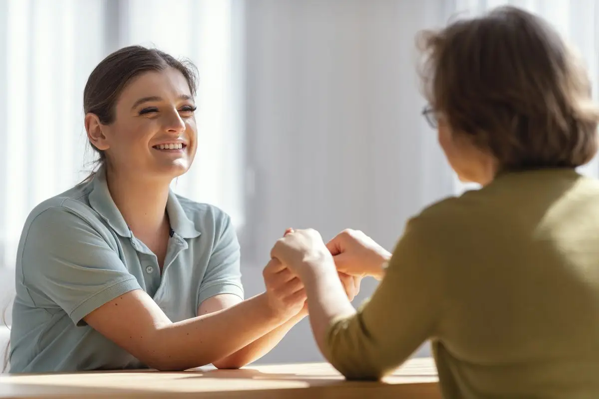 Two people sitting together holding hands in a moment of support