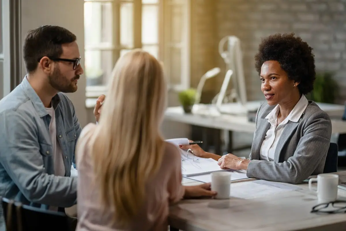 A lawyer and a couple reviewing paperwork together at a meeting table