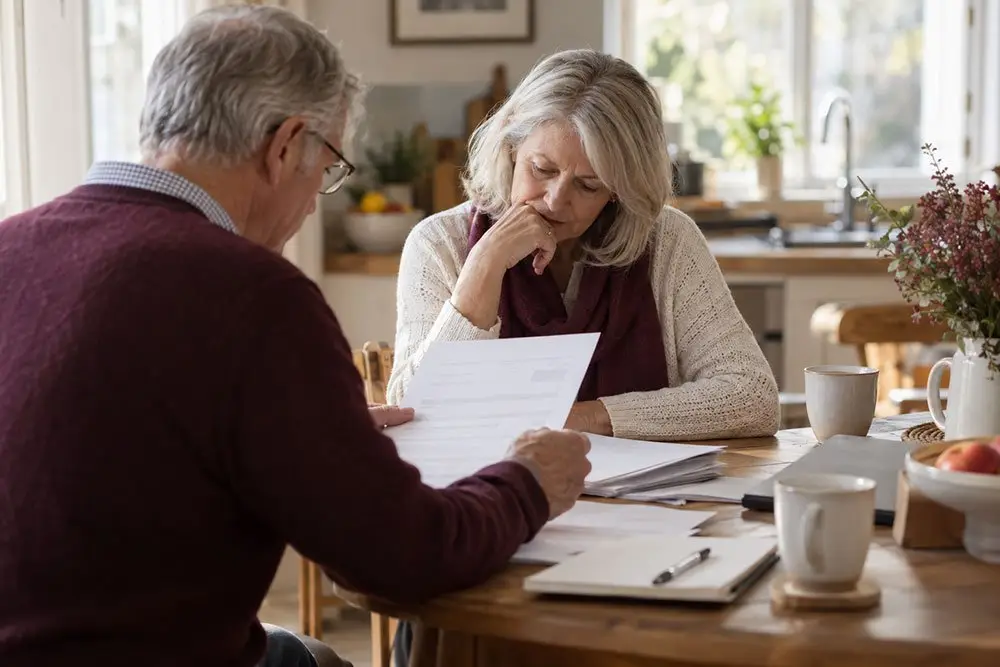 An older couple sitting at a table reading through papers together