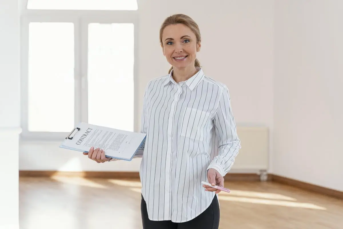 A real estate professional holding a contract inside an empty house