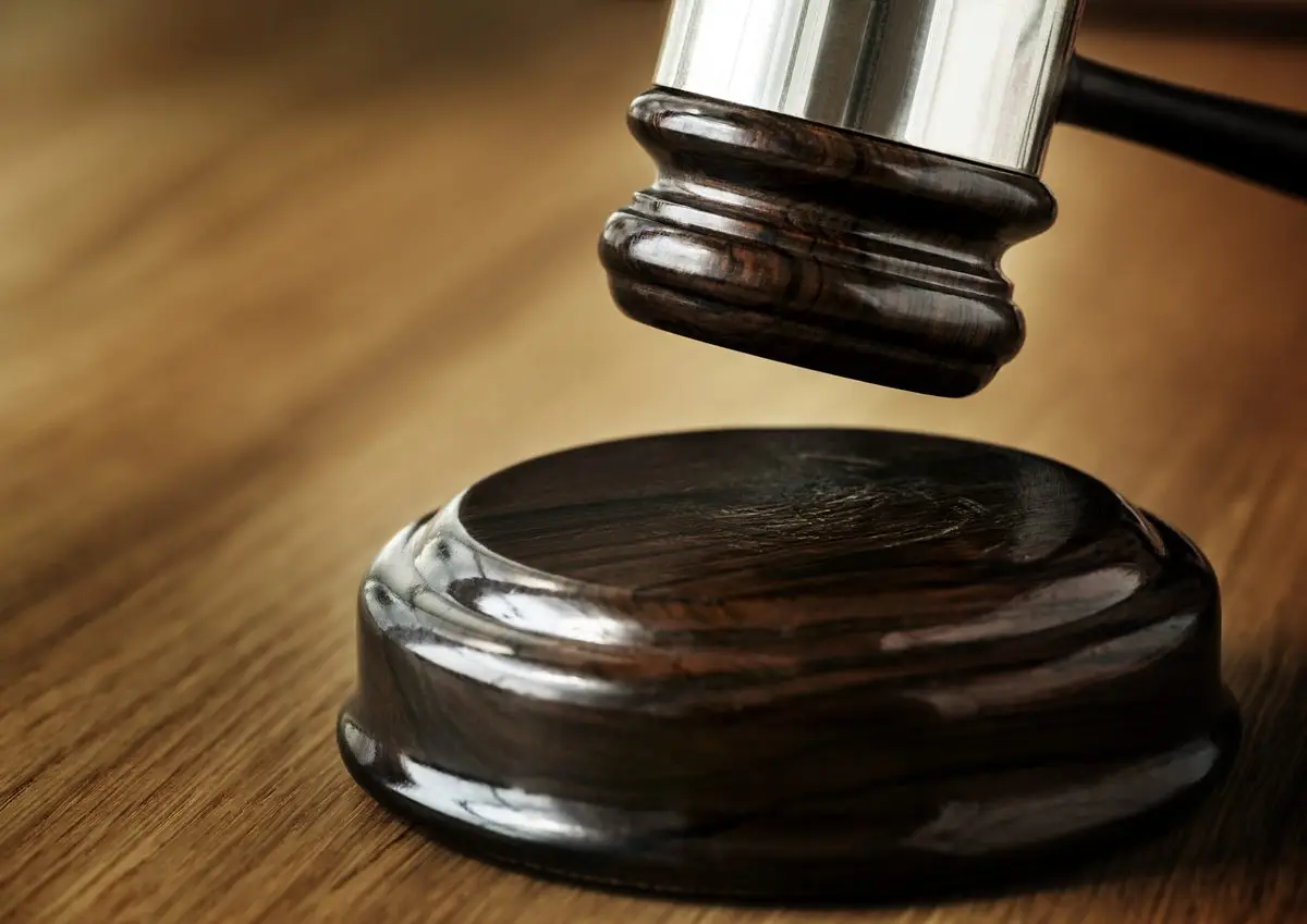 A judge's gavel resting on its sound block