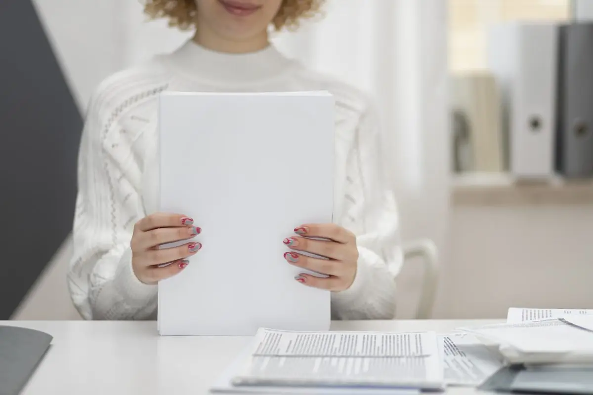 A woman at a table holding a neat stack of papers with more documents spread in front of her