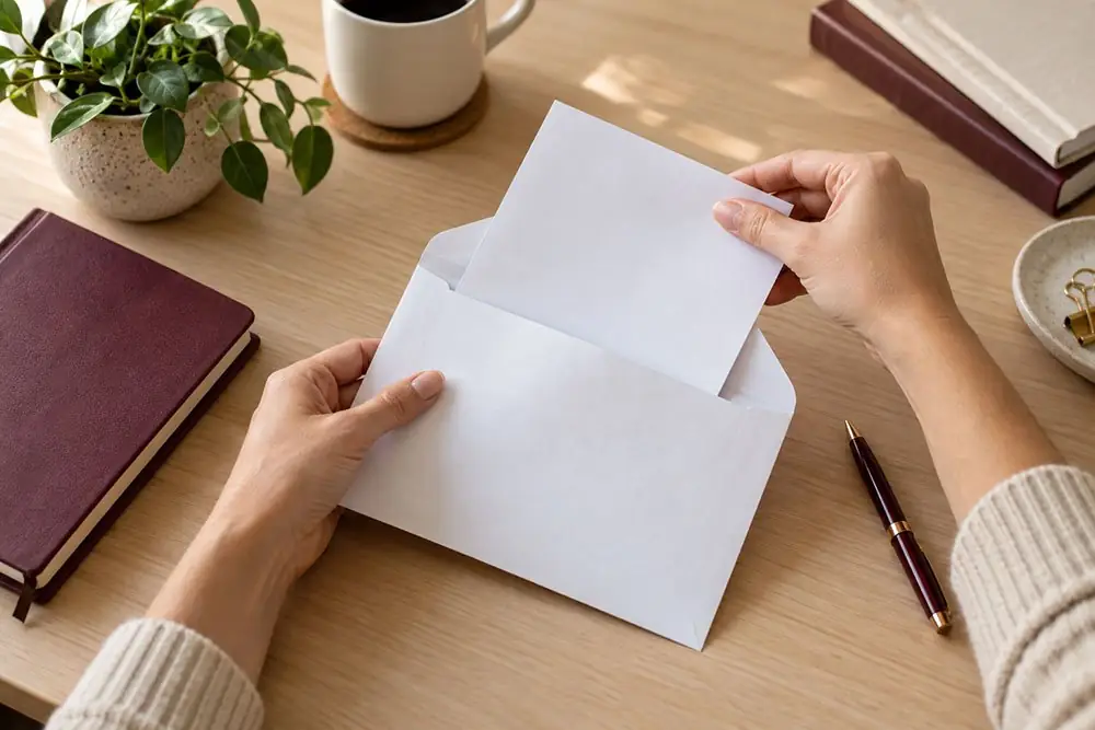A hand sliding a printed sheet into a white envelope on a wooden desk